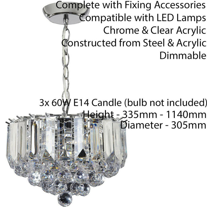 3 Light Chandelier Pendant CHROME & ACRYLIC Shade Hanging Ceiling Lamp Holder Loops