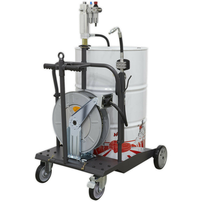 Air Operated Oil Dispensing System - 10m Retractable Hose Reel - Mobile Trolley Loops