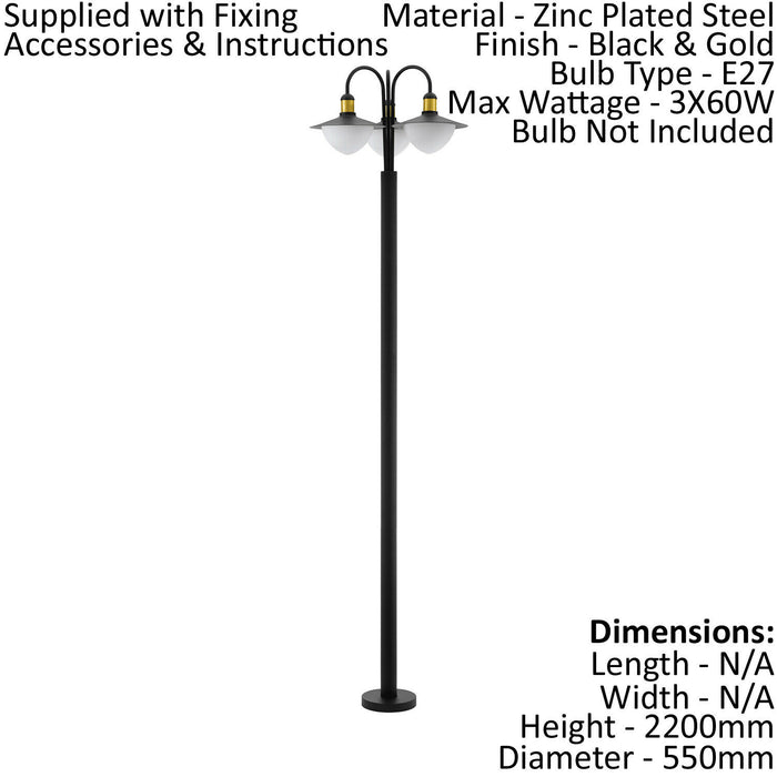 IP44 Outdoor Bollard Light Black & Gold Curved Lamp Post 3 x 60W E27 Bulb Loops