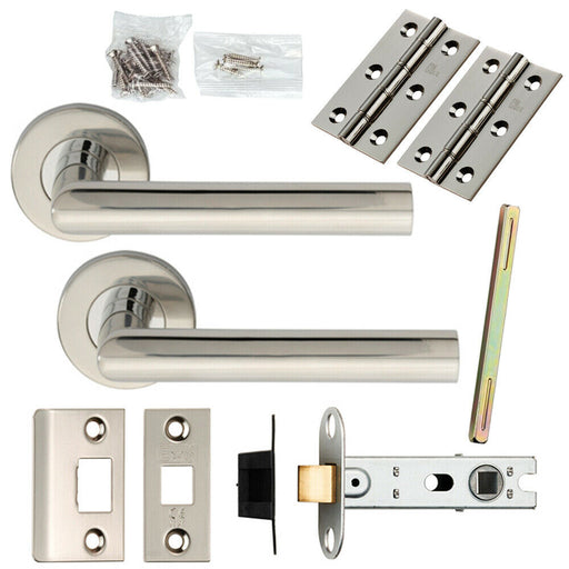 Door Handle & Latch Pack Polished Steel Mitred Lever Screwless Round Rose Loops