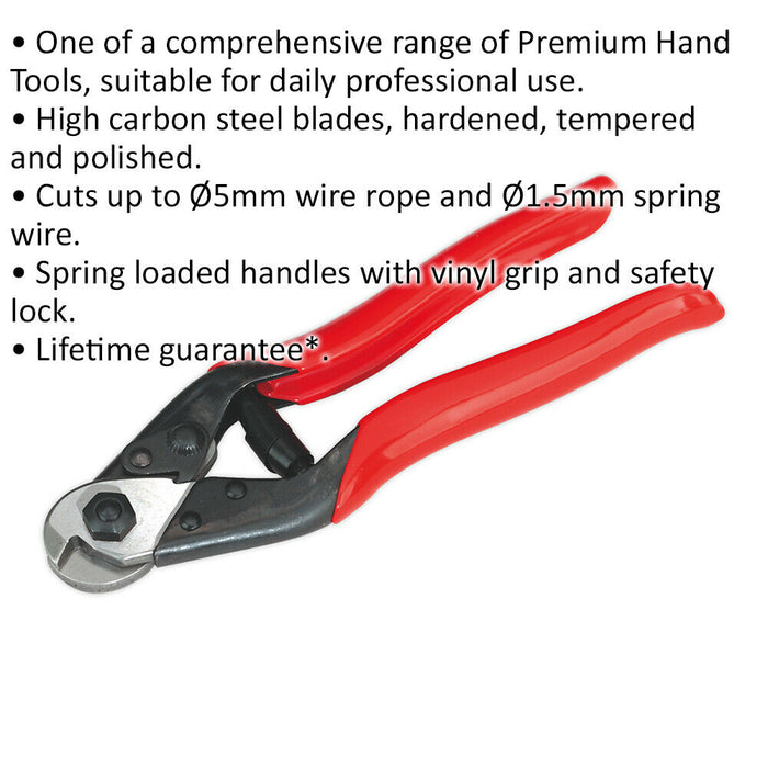 190mm Wire Rope Spring Cutters - Carbon Steel Blades - Spring Loaded Handles Loops