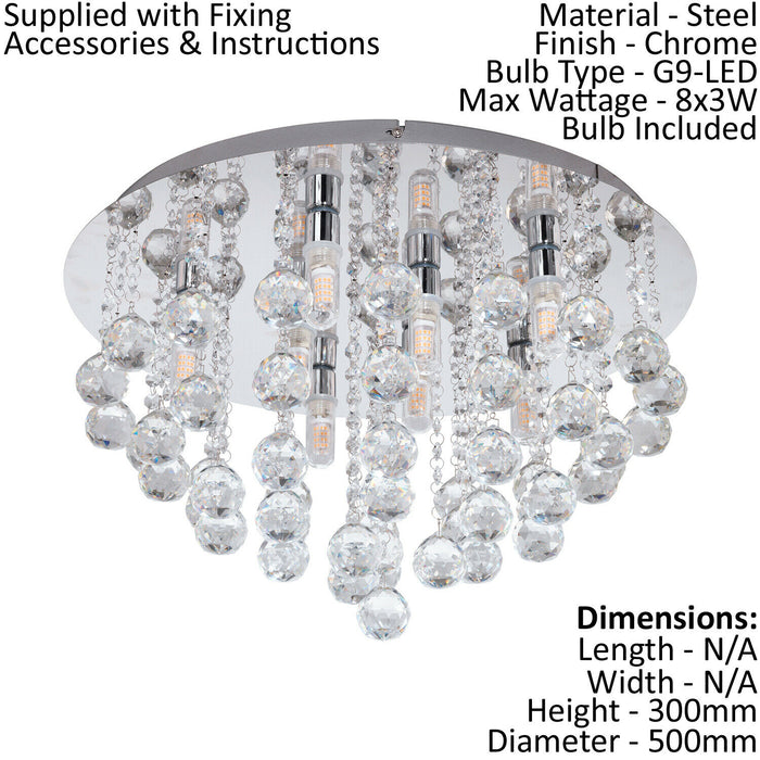 Flush 8 Bulb Ceiling Light IP44 Colour Chrome Clear Crystal Bulb G9 8x3W Incl Loops