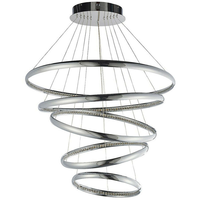 LED Ceiling Pendant Light 97W Warm White Chrome & Crystal 5 Ring/Hoop Strip Lamp Loops