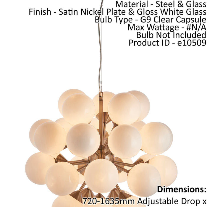 Ceiling Pendant Light Satin Nickel Plate & Gloss White Glass 28 x 18W G9 Loops
