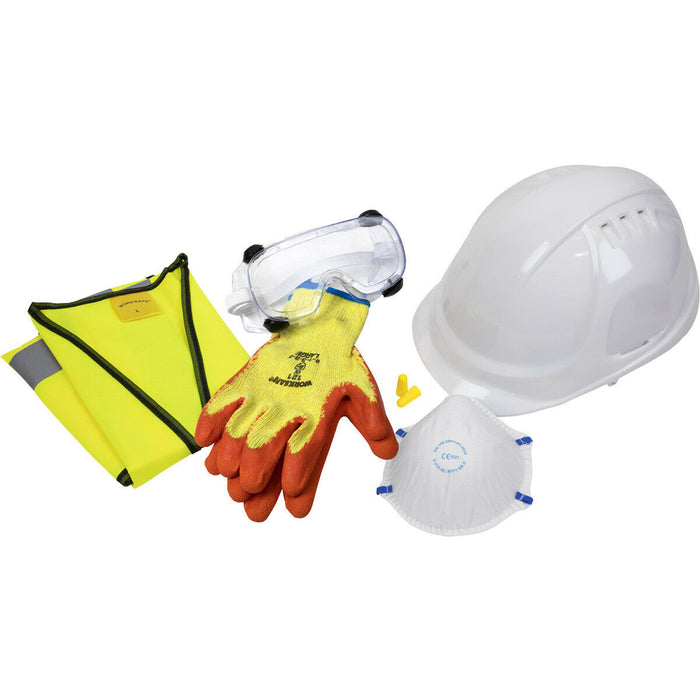 SITE PPE PACK - LARGE Hi-Vis Waistcoat - Hard Hat - Grip Gloves - Goggles & Mask Loops