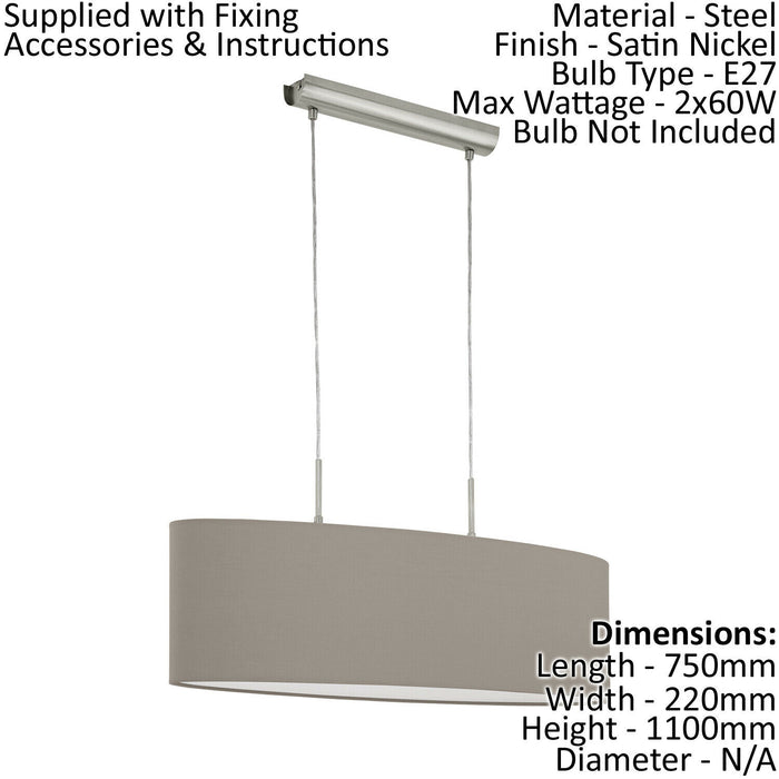 Pendant Light Colour Satin Nickel Steel Shade Taupe Fabric Bulb E27 2x60W Loops