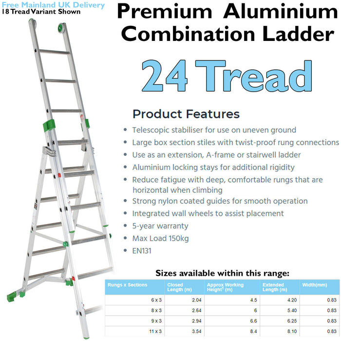 PREMIUM 24 Tread Combination Ladder 3 Section Extension Step Frame & Stairwell Loops