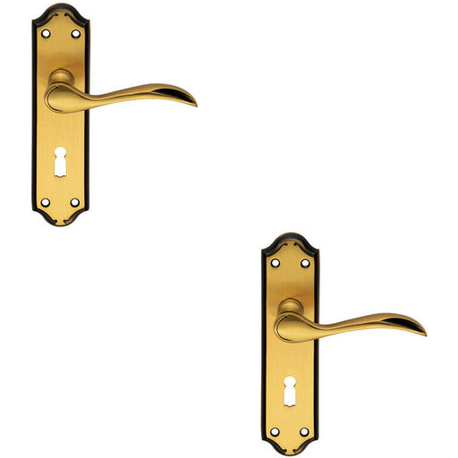 2x PAIR Curved Door Handle Lever on Lock Backplate 180 x 45mm Florentine Bronze Loops