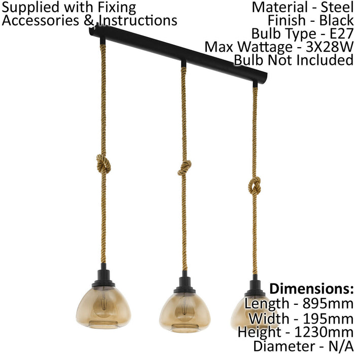 Hanging Ceiling Pendant Light Amber Glass & Rope 3 Bulb E27 Kitchen Island Loops