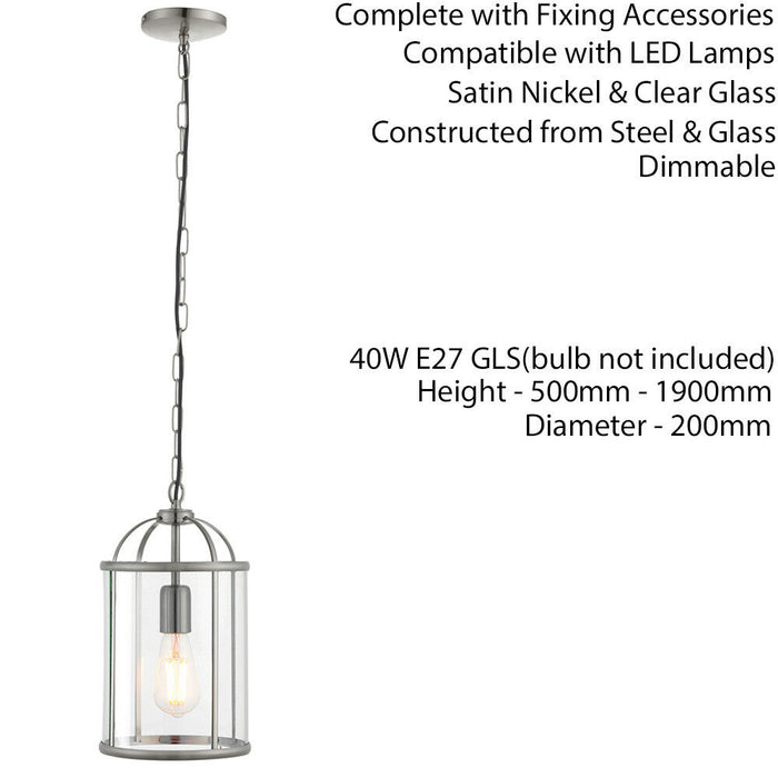Hanging Ceiling Pendant Light Nickel & Glass Lantern Box Shade Lamp Bulb Holder Loops