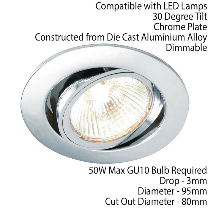 TILTING Round Recess Ceiling Down Light Chrome 95mm Flush GU10 Lamp Fitting Loops