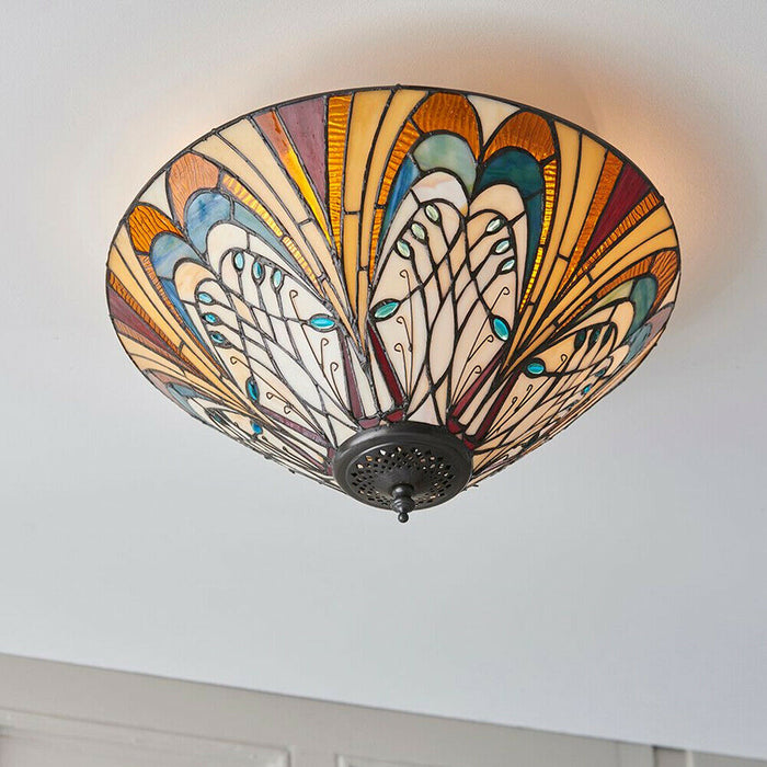 Tiffany Glass Flush Ceiling Light - French Style Design - Dimmable LED Lamp Loops