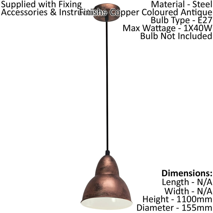 Hanging Ceiling Pendant Light Antique Copper Industrial Shade 1 x 40W E27 Bulb Loops