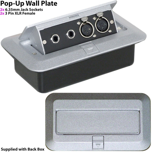 PRO 2 Gang Pop Up Wall Floor Plate & Back Box 2x 6.35mm & 2x XLR Female Outlet Loops