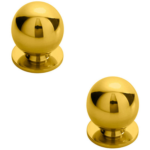 2x Solid Ball Cupboard Door Knob 25mm Diameter Polished Brass Cabinet Handle Loops