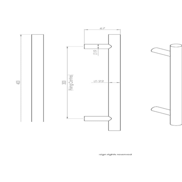 Straight T Bar Door Pull Handle 400 x 19mm 300mm Fixing Centres Satin Steel Loops
