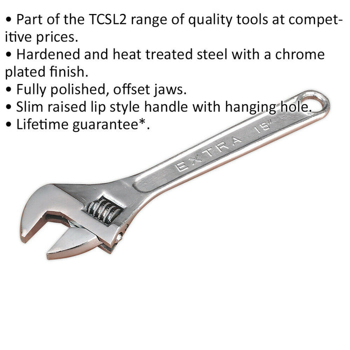 375mm Adjustable Wrench - Chrome Plated Steel - 43mm Offset Jaws - Spanner Loops