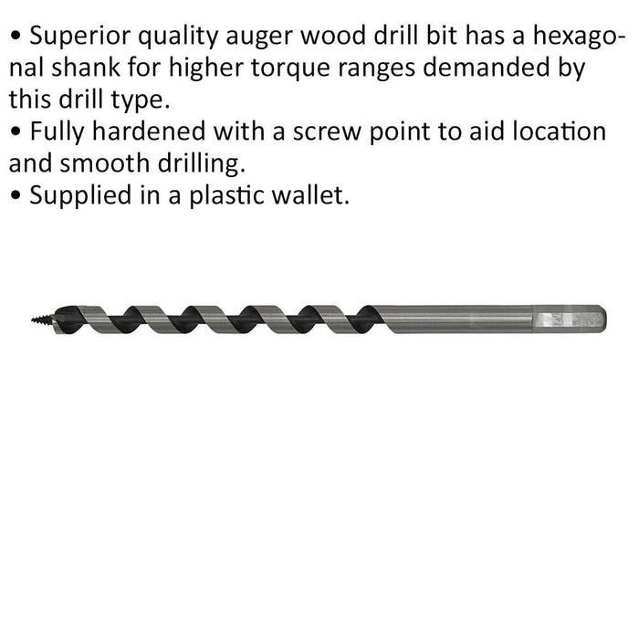 12 x 235mm Hardened Auger Wood Drill Bit - Hexagonal Shank - Woodwork Timber Loops