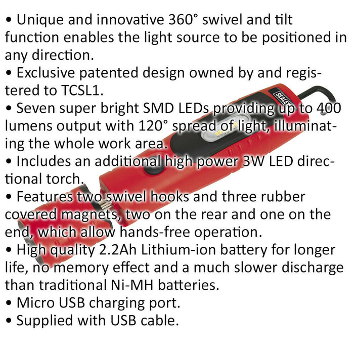 360° Swivel Inspection Light - 7 SMD & 3W SMD LED - Rechargeable - Red Loops