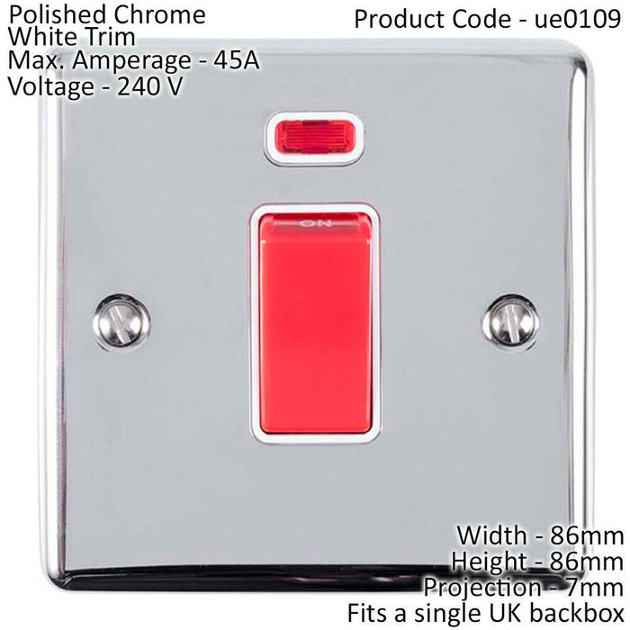 45A DP Oven Switch & Neon Light CHROME & White Trim Appliance Red Rocker Loops