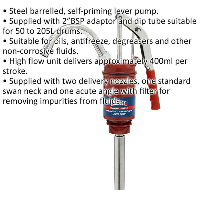 Heavy Duty High Flow Lever Pump - Steel Barrelled - 2" BSP - 400ml Per Stroke Loops