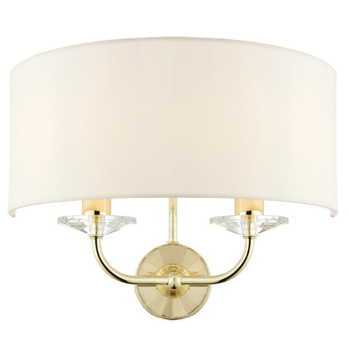 Dimmable Twin Wall Light Brass Glass White Fabric Shade Curved Arm Lamp Fitting Loops