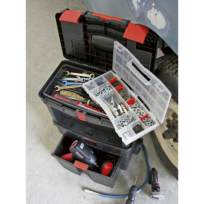 452 x 255 x 850mm Portable Tool Chest / Toolbox - Multi Compartment Wheeled Unit Loops
