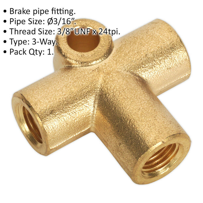 3/8 Inch UNF x 24tpi Brake Tube 3-Way Connector - 3/16 Inch Pipe - Braking Nut Loops