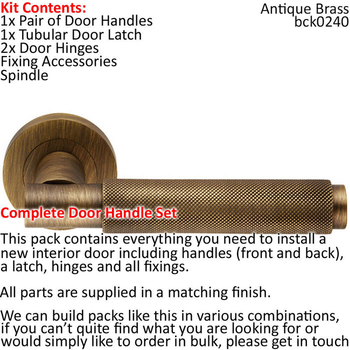 Door Handle & Latch Pack Antique Brass Knurled Round Bar Screwless Round Rose Loops
