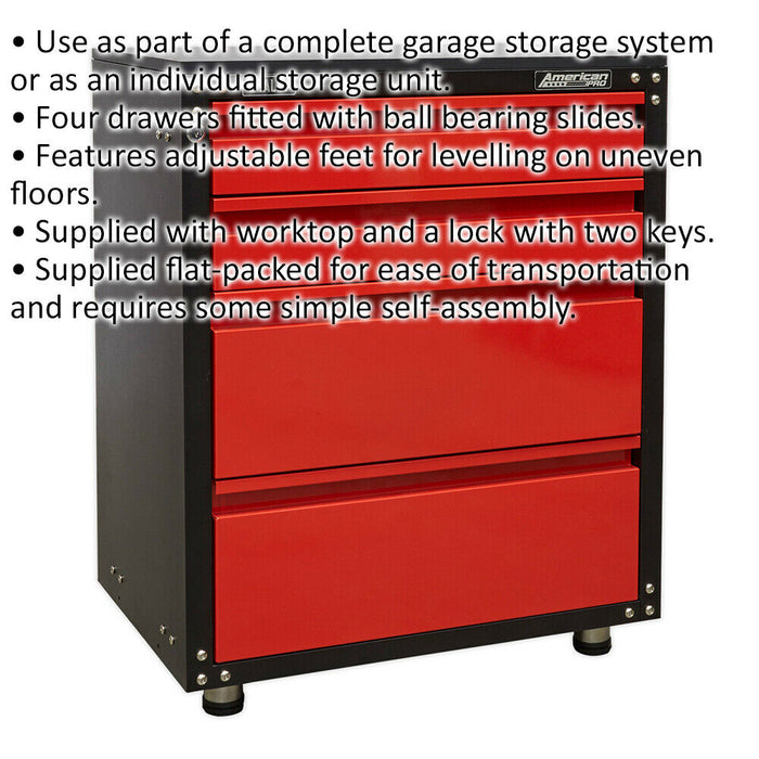 Modular 4 Drawer Cabinet with Worktop - 665 x 460 x 820mm - Ball Bearing Slides Loops