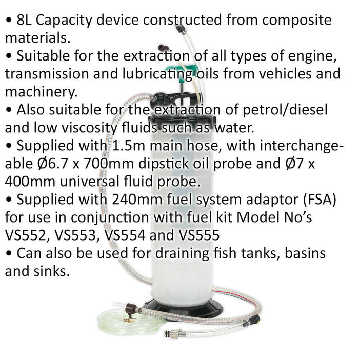 8L Vacuum Fuel & Fluid Extractor - 240mam Fuel System Adaptor - Manual Pump Loops