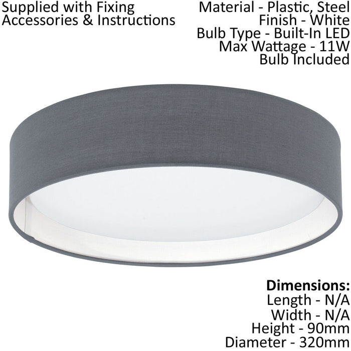 Low Ceiling Light & 2x Matching Wall Lights Grey Fabric Round Shade Lamp