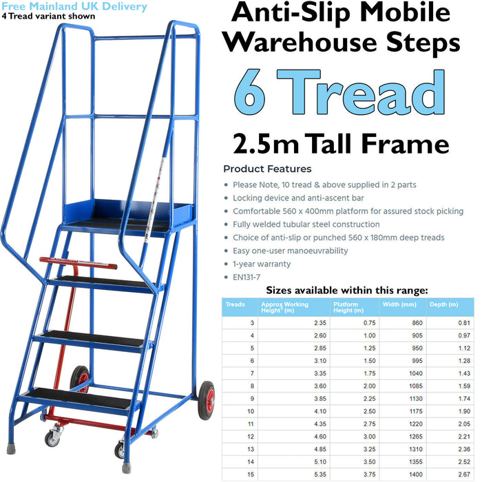 6 Tread Mobile Warehouse Stairs Anti Slip Steps 2.5m Portable Safety Ladder Loops