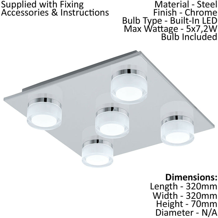 Flush Ceiling Light Colour Chrome Shade Clear Satined Plastic Bulb LED 5x7.2W Loops