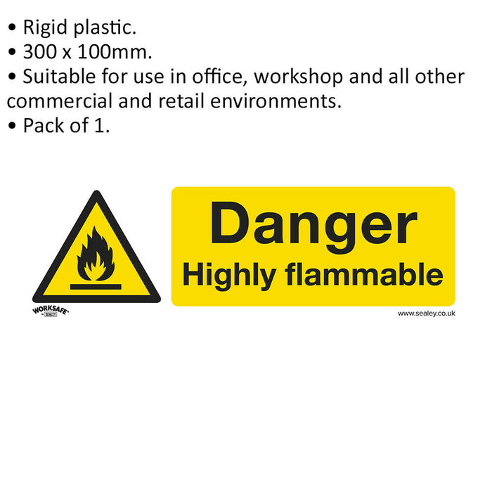 1x DANGER HIGHLY FLAMMABLE Safety Sign - Rigid Plastic 300 x 100mm Warning Loops