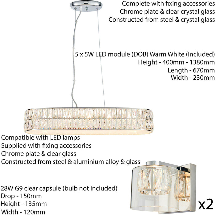5 Bulb Ceiling Bar & 2x Matching Wall Mount Light Long Chrome & Crystal Glass Loops