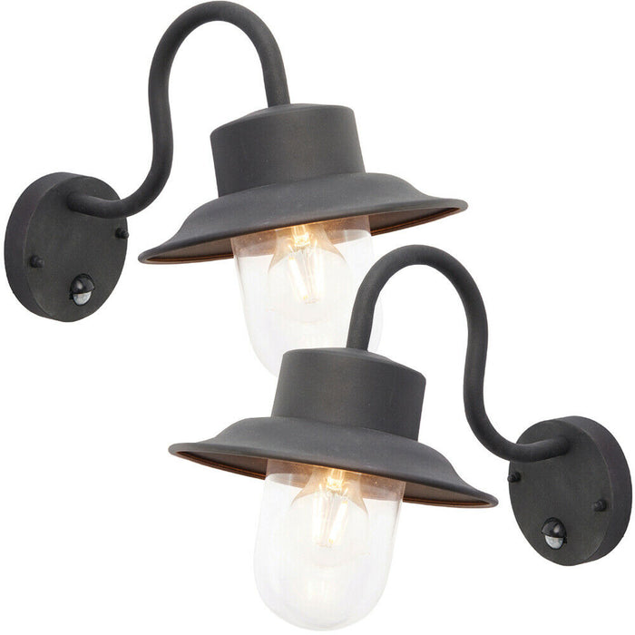 2 PACK IP44 Outdoor Wall Lamp Black Steel Fisherman PIR Lantern Porch Curved Loops