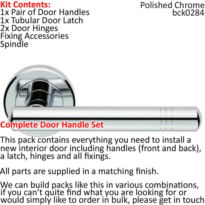 Door Handle & Latch Pack Chrome Modern Straight Ring Bar Screwless Round Rose Loops