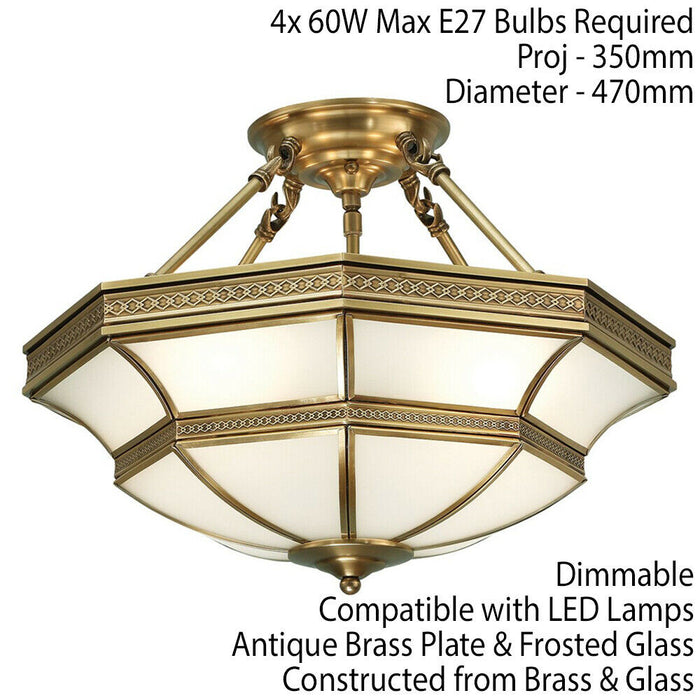 Luxury Semi Flush Ceiling Light Antique Brass Frosted Glass Traditional Feature Loops