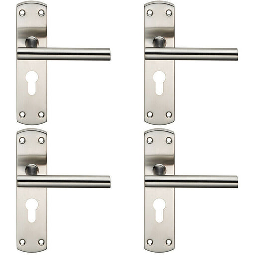 4x Mitred T Bar Lever Door Handle on Euro Lock Backplate 172 x 44mm Satin Steel Loops