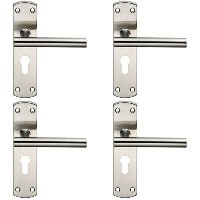 4x Mitred T Bar Lever Door Handle on Euro Lock Backplate 172 x 44mm Satin Steel Loops