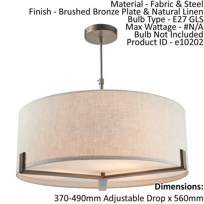 Ceiling Pendant Light Brushed Bronze Plate & Natural Linen 3 x 40W E27 Loops
