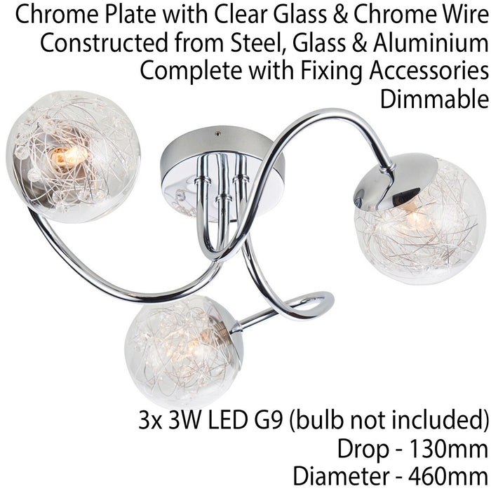 Semi Flush Ceiling Light Chrome Wire Shade 3x Lamp Adjustable Hanging Pendant Loops