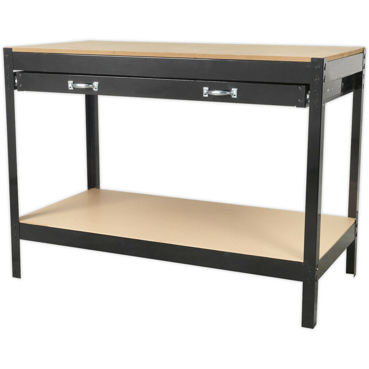 1.2m x 0.6m Workbench - Heavy Duty Steel Frame & Wood Work Top with Draw & Shelf Loops