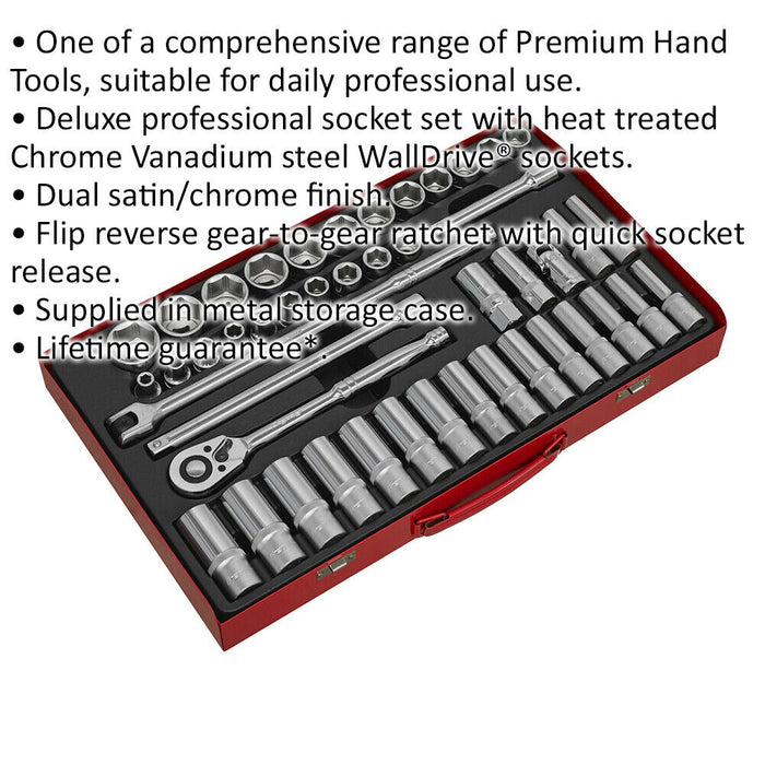 46 PACK Socket Set - 1/2" Metric Square Drive - 6 Point Socket Ratchet Handle Loops