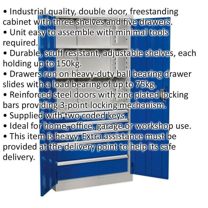 1800mm Double Door Industrial Cabinet - 5 Drawers & 3 Shelves - 3 Point Lock Loops