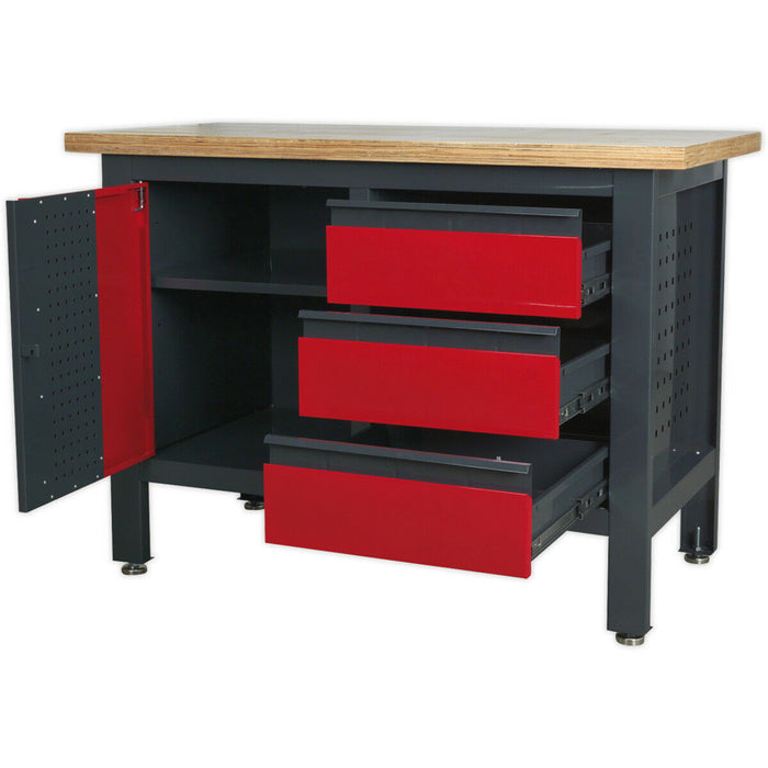 Central Locking Storage & Work Top Station - 3x Draws & Cupboard with Pegboard Loops