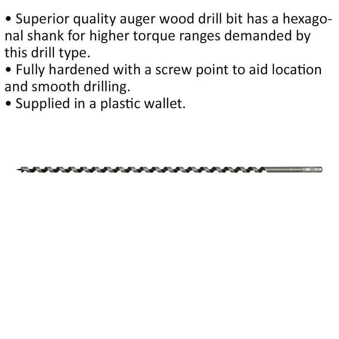 12 x 600mm Hardened Auger Wood Drill Bit - Hexagonal Shank - Woodwork Timber Loops