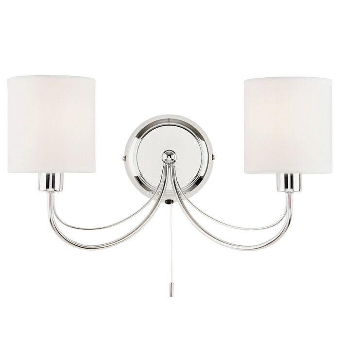 Dimmable Twin Wall Light Chrome & White Shade Elegant Curved Arm Lamp Fitting Loops