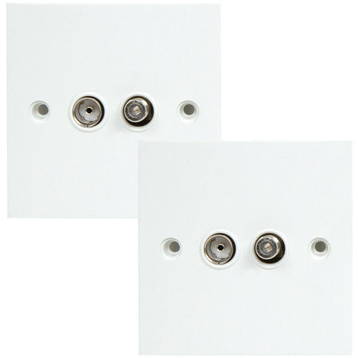 2x TV Aerial Coax & F Connector Satellite Wall Plate Double Dual 2 Gang Outlet Loops